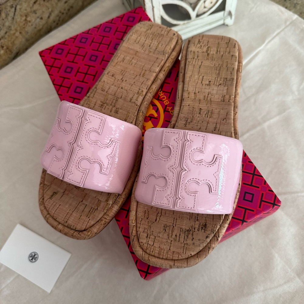 New Tory Burch DOUBLE T SPORT Petunia / Natural SLIDE - Picture 4 of 8